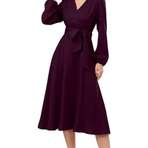 Women's Polyester A-line V-Neck Bishop Sleeve Midi Belted Dress( Burgundy)