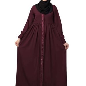 Women's Front Open Abaya Dress with Lace Work at front and on Sleeves- Fashionable Burqa (Burgundy)
