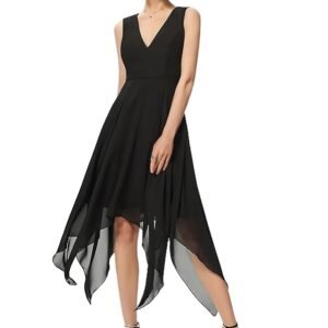 A-line V-Neck Asymmetrical Chiffon Cocktail Black Printed Dress