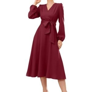 Women's Polyester A-line V-Neck Bishop Sleeve Midi Belted Dress(Maroon)