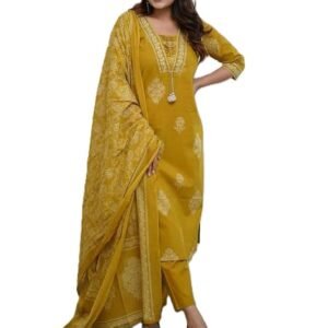 Women's Pure Cotton Printed with Handwork Kurta with Pants and Dupatta Set | Ethnic Set | Suit Set |Wedding Suit Set(Yellow)