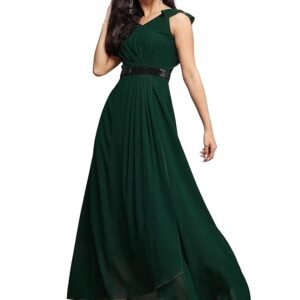 Women's Powder Blue V-Neck Ruffled Sleeve Solid Embellished Maxi Dress(Dark Green)