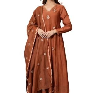 Women Embroidery Solid Anarkali Kurta and Pant Set with Dupatta(Orange)