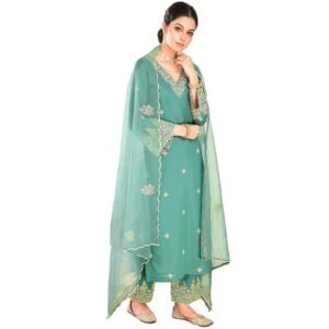 Women's Silk Blend Embroidered Salwar Suit Set | Straight Length Kurta and Elastic Waistband Closure Solid Pant with Dupatta(Blue)
