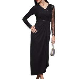 Women's Fit and Flare Full Length Pleated V-Neck Full Sleeve Dress(Black)