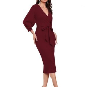 Women V Neck full Sleeve one Piece Formal Black Floral Western one Piece Knee-Length Dress(Maroon)