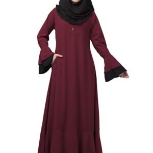 Women's Maxi Dress With Bell Sleeves and Elasticated Sleeves - Made with Nida Matte Fabric(Maroon Black)