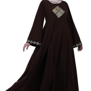 Women’s Nida Matte Umbrella Abaya Dress with Embroidery, Long Sleeves & Side Pocket(Coffee Brown)