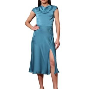 Women’s Cowl Neck Silk Blend Dress(Blue)