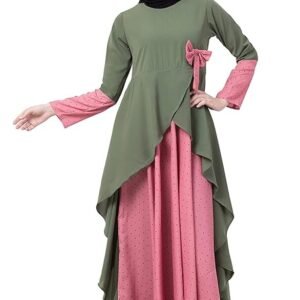 Polka Dotted Asymmetrical Long Maxi Abaya Dress for Women Made in Nida & Crepe Fabric with Long Sleeves(Jade Green & Pink)