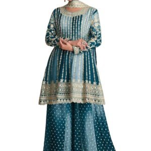 Dual Tone Strip Chinon Heavy Embroidered Stitched Sharara Suit Set With Dupatta(Blue)