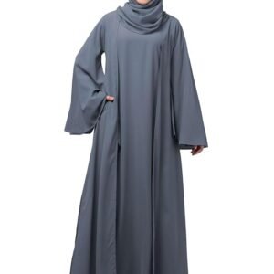 Dual Layer Abaya Dress Of Inner Abaya And Detachable Shrug With Uniquely Designed Cuff(Grey)