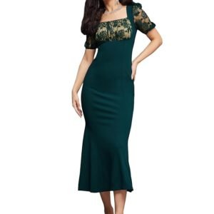 Women Bodycon Square Puff Sleeve Solid Lace Overlaid Ankle Length Dress(Dark Green)