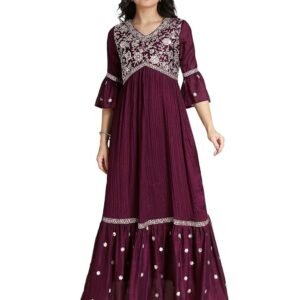 Women's Vichitra Silk Crus Traditional Ethnic Long Gown with Sequence Embroidery Work Long Kurta(Maroon)