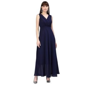 Flare Solid Pleated Neck Dress(Blue)