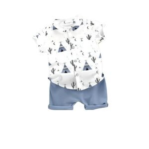 Kid Boy's Hosiery Cotton Blend Printed Cord Set with Mandarin Collar Short Sleeve Shirt and Side Pocket Elastic Waistband Closure Short Pant
