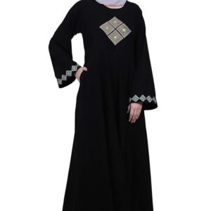 Women’s Nida Matte Umbrella Abaya Dress with Embroidery, Long Sleeves & Side Pocket(Black)