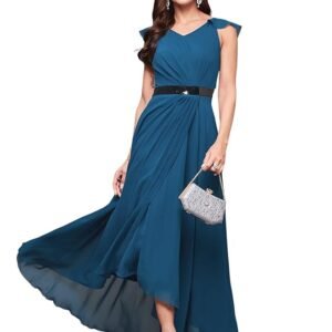 Women's Powder Blue V-Neck Ruffled Sleeve Solid Embellished Maxi Dress(Royal Blue)