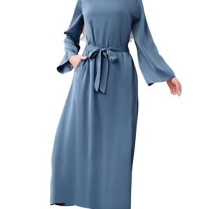Abaya Dress for Women Muslim Clothes Islamic Prayer Ramadan Eid Dress with Side Pocket(Blue)