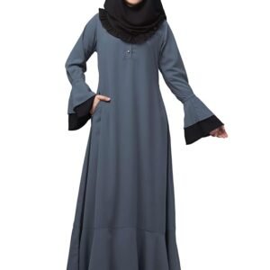 Women's Maxi Dress With Bell Sleeves and Elasticated Sleeves - Made with Nida Matte Fabric(Grey Black)
