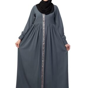Women's Front Open Abaya Dress with Lace Work at front and on Sleeves- Fashionable Burqa (Grey)