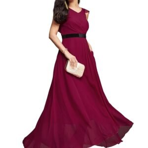 Women's Powder Blue V-Neck Ruffled Sleeve Solid Embellished Maxi Dress( Dark Pink)