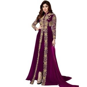 Women's Embroidered Georgette Semi-Stitched Anarkali Gown with Dupatta(Wine)