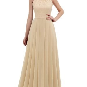 Women's Long Formal Dress Halter Lace Chiffon Dress Wedding Bridesmaid Party Gown