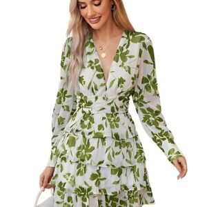 Women’s V-Neck Floral Print Ruffle Long Sleeve A-Line Mini Dress | Elegant Casual Party Outfit | Lightweight Layered Summer Wear