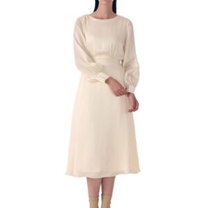 Women Fit and Flare Solid Boat Neckline Full-Length Sleeves Midi Dress