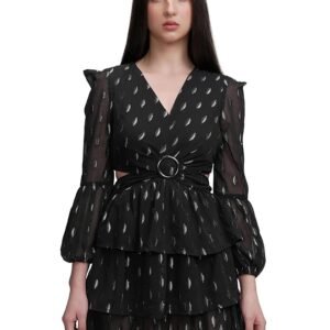 Women's Chic Cut-Out Ruffle Dress with Long Bishop Sleeves A Playful Yet Elegant Short Dress for Every Occasion（BLACK）