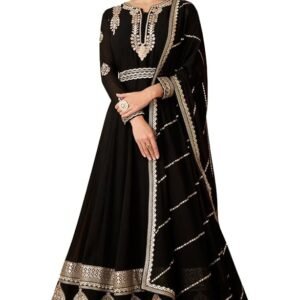 Women's Black Faux Georgette Stitched Top with Dupatta Full Sleeve Embroidered Anarkali Gown