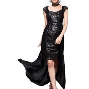 Women's Square Neck Short Sleeve Embellished Layered Maxi Dress(Black)