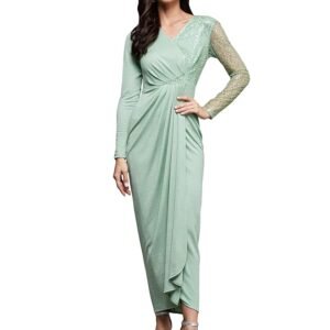 Women's Fit and Flare Full Length Pleated V-Neck Full Sleeve Dress(Mint)