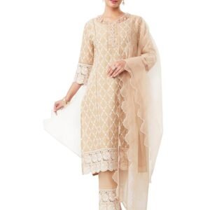 Women's Embroidered Cotton Kurta Pant Set with Organza Dupatta(Beige)