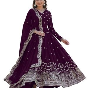 Faux Georgette Sequins Anarkali Dress for Women(Purple)