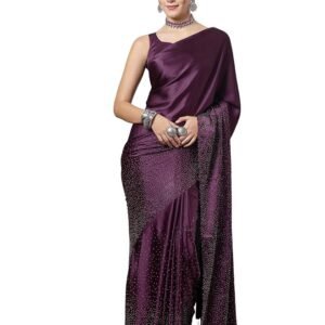 Women's Satin Silk Hot Fixing Stone Work Saree with Unstitched Blouse( Wine)