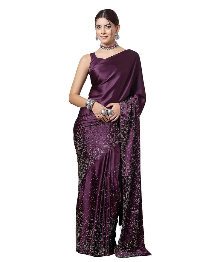 Women's Satin Silk Hot Fixing Stone Work Saree with Unstitched Blouse( Wine)
