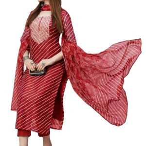Women's Cotton Blend Straight Printed Kurta with Pant & Dupatta(Red)
