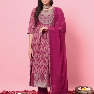 Women's Cotton Silk Kurta Pant Set with Nazmin Jacquard Lace Dupatta(Purple)
