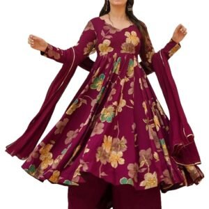 Women's Anarkali  Palazzo Dupatta Set | Wine Color Ethnic Dress for Women | Cotton Blend Floral Print Suit Set