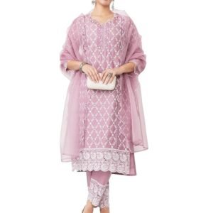 Women's Embroidered Cotton Kurta Pant Set with Organza Dupatta(Mauve)