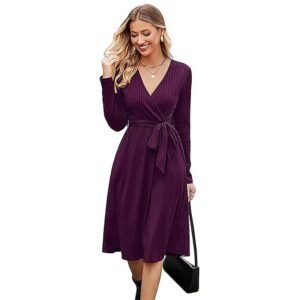 Women's Fall Long Sleeve Sweater Dress Wrap V Neck Casual Midi Dress
