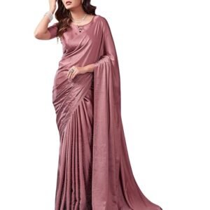 Women's Satin Silk Hot Fixing Stone Work Saree with Unstitched Blouse(Mauve Pink)