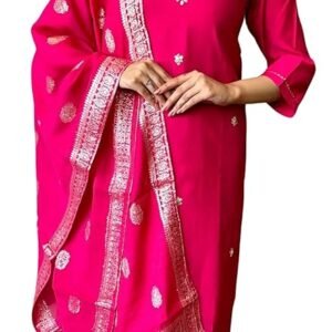 Women's Viscose Silk Embroidery Kurta Bottom Set, and Dupatta Set Traditional Kurta Set for Women(Pink)