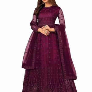 Women's Net Embroidered Semi-Stitched Gown  Gown-New(Wine)