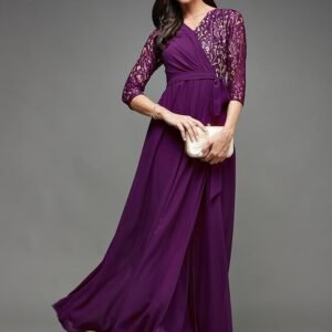 Women's V-Neck Three-Quarter Sleeve Self-Designed Wrap Maxi Georgette Dress(Dark Purple)