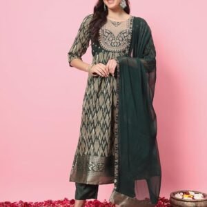 Women's Cotton Silk Kurta Pant Set with Nazmin Jacquard Lace Dupatta(Green)