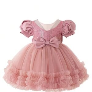 Net Embroidery Work Ruffle Patterned Flared Short Sleeve Girl Frock(Orange)