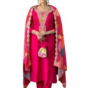 Women's Red Viscose Silk Embroidered Straight Kurta with Pant and Dupatta Sets